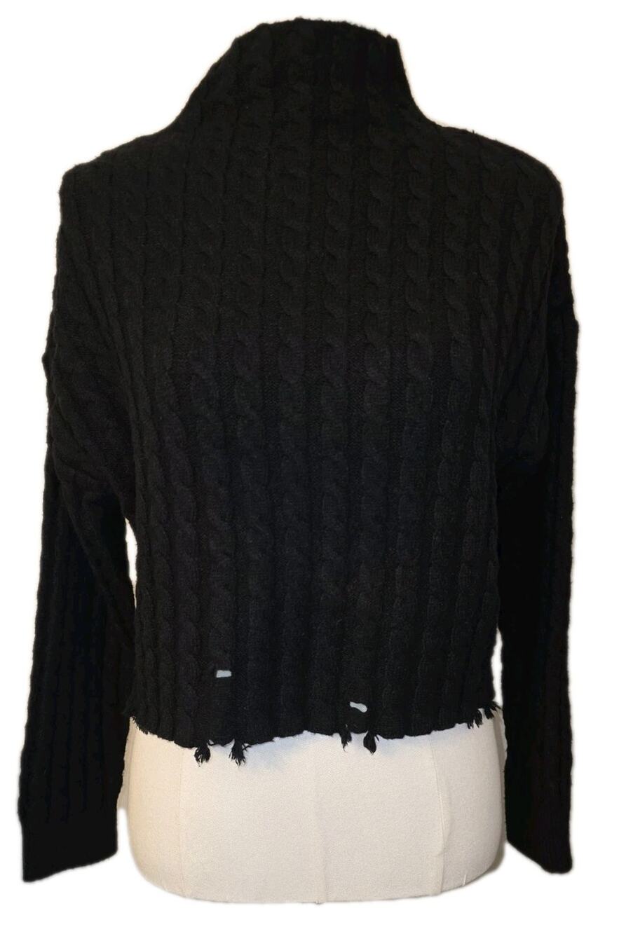 EUC L Women's Truth Black Cable Knit Destroyed Mock Neck Sweater